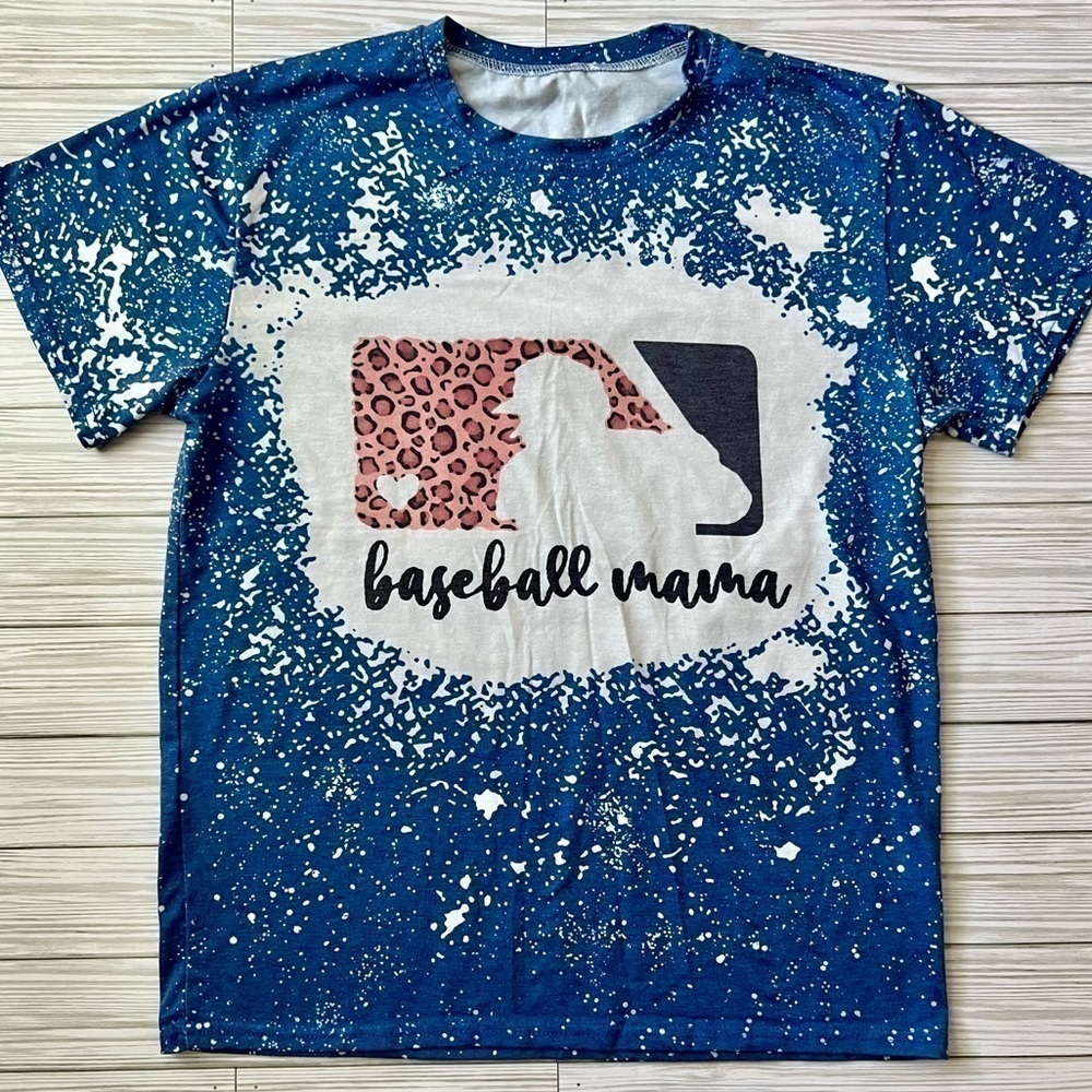 MLB Baseball Mama Mom‎ Graphic Short Sleeve Shirt Blue Cheetah Print Size Medium